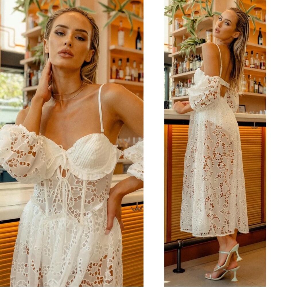 FOR LOVE & LEMONS Romi Eyelet Lace Sheer White Midi Dress Size Small